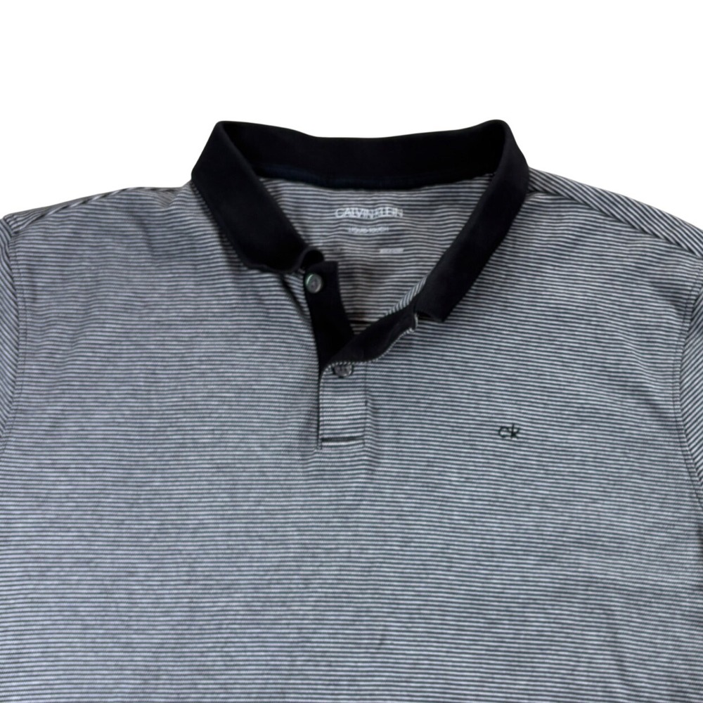 Calvin Klein Polo Shirt Mens Large Black White Striped Liquid Touch Preppy Golf